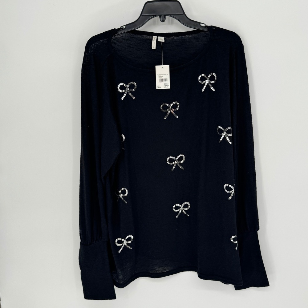 Cato Plus Sportswear Black Sequin Bow Long Sleeve Top Women 18 20 Soft New